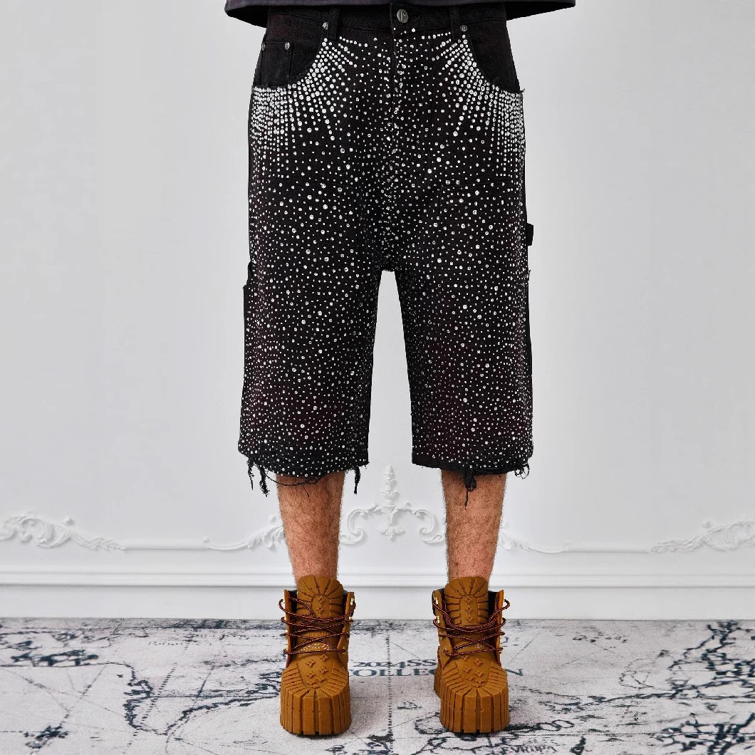 Cross-Border Y2K European and American High Street Trendy Brand Rhinestone Full Diamond Cropped Shorts Men's Summer Washed Denim Shorts