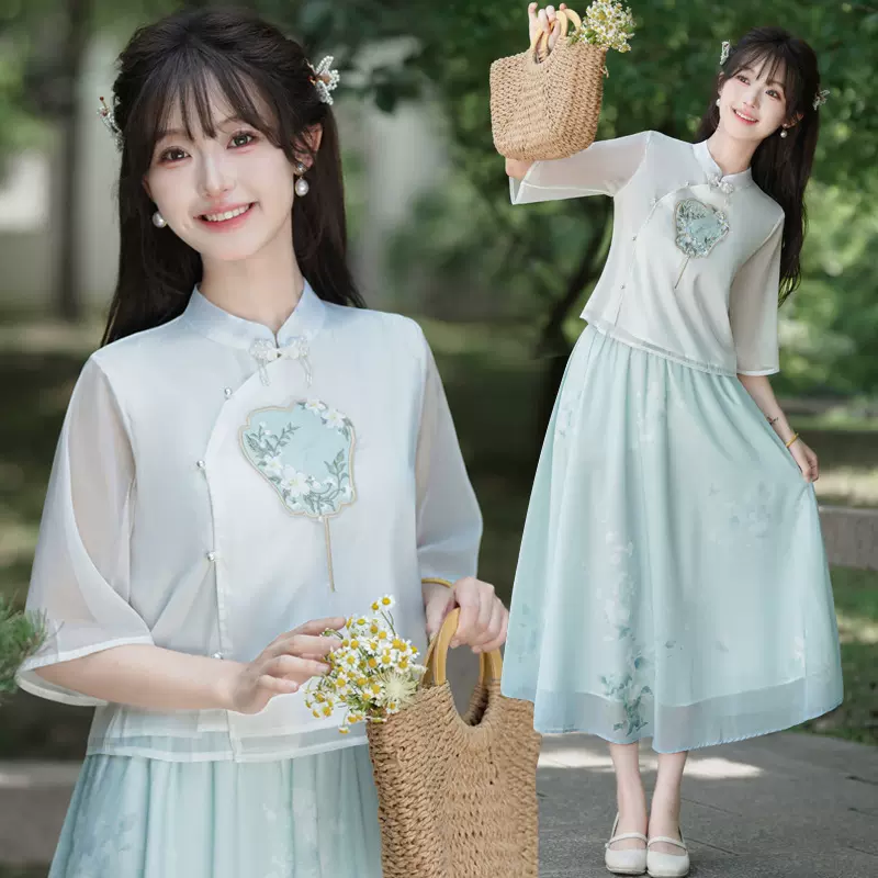 2024夏季新款复古新中式国风唐装改良旗袍刺绣半袖茶服上衣女