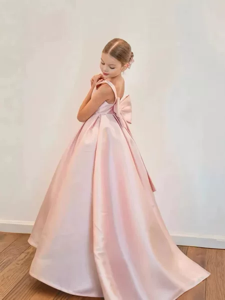 Foreign Trade Cross-Border Girls' Solid Color Evening Dress Amazon Children's Simple Satin Runway High-End Luxury Princess Dress