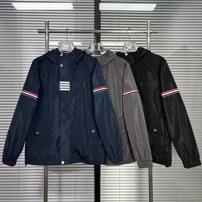 Classic TB Charge Clothes Autumn and Winter New Reflective Stripe Four Bars Double Ribbon Hooded Jacket Jacket for Men and Women