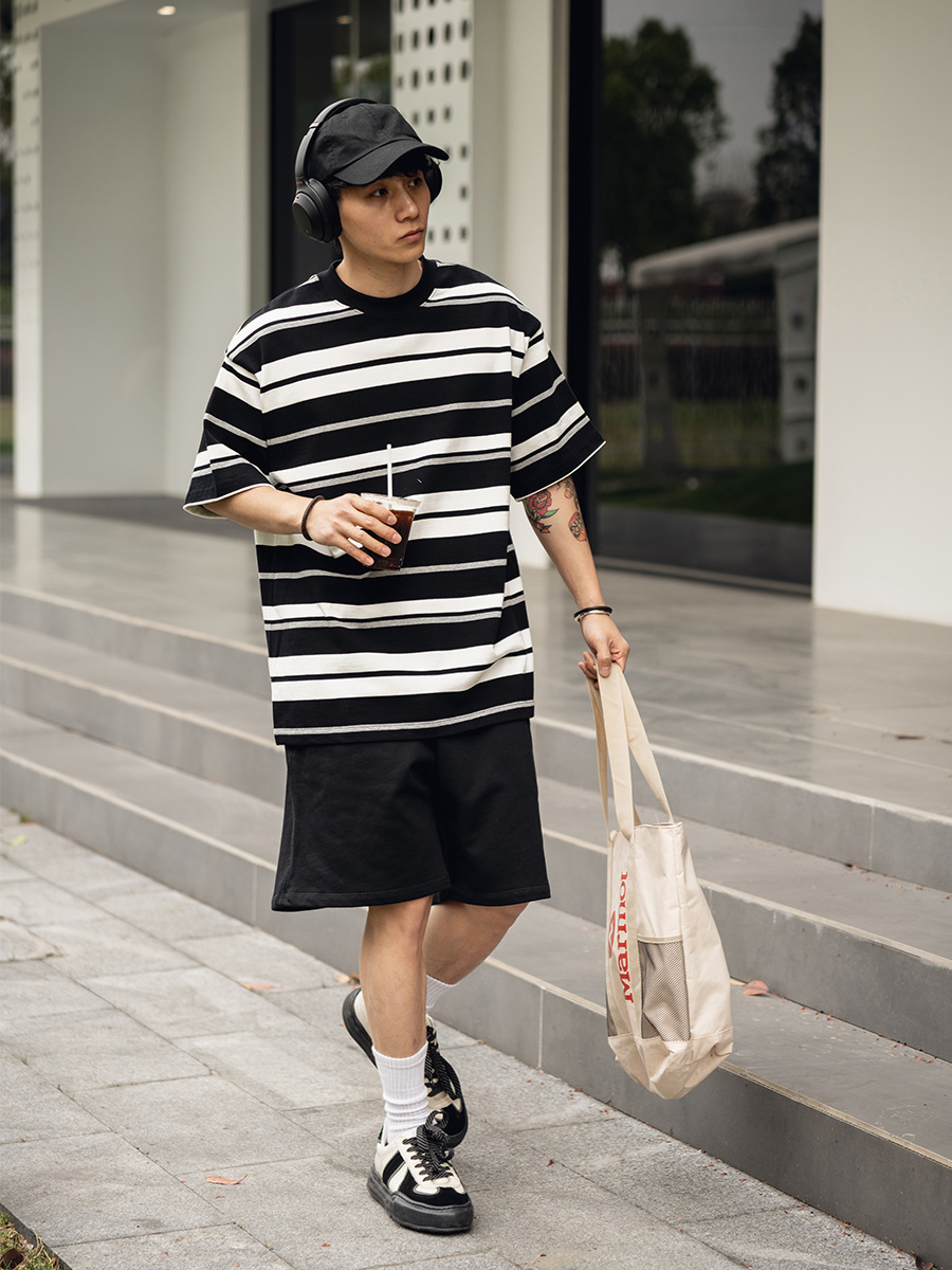 TRS 日潮シリーズ | 26SS特注織り310Gダブルヤーンラウンドネックストライプ半袖ルーズフィットドロップショルダー五分袖Tシャツメンズ