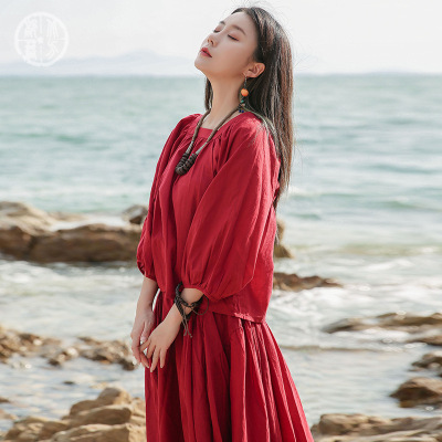 北方部落自制棉麻女装文艺百搭静色T恤娃娃装方领泡泡袖上衣mmys|ru