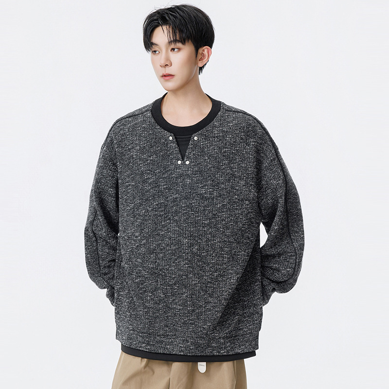 2026 Autumn New Men's Plus Size Stylish Long Sleeve Loose Versatile Textured Faux Two-Piece Sweatshirt 2026 Autumn New Men's Plus Size Stylish Long Sleeve Loose Versatile Textured Faux Two-Piece Sweatshirt