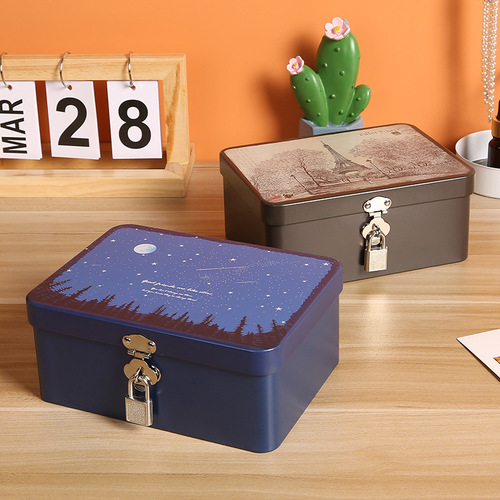 Retro tinplate box with lock key desktop storage box cosmetics document storage household jewelry empty box
