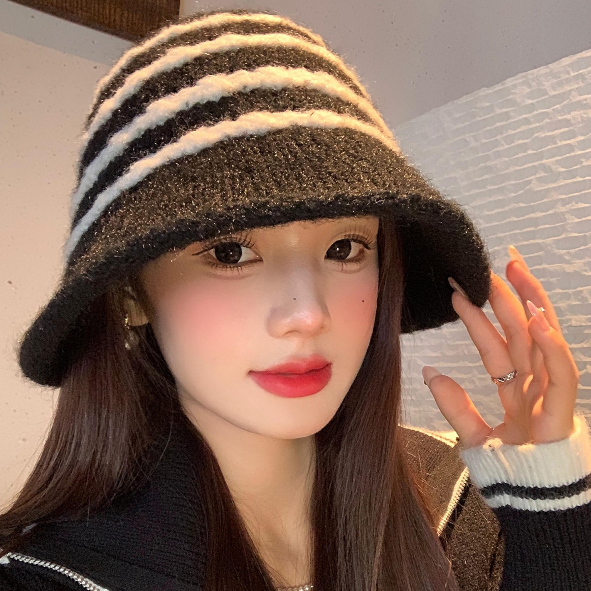 Cappello da pescatore in peluche retrò a righe in stile giapponese per donna, autunno e inverno, caldo, versatile, a tesa larga, snellente per il viso_voghion.com