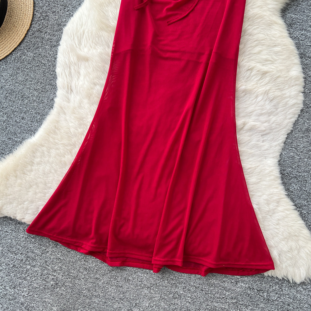 Elegant Red Short Sleeved Dress for Women Korean Style Pleated A-Line Long Skirt Sophisticated Flattering Slimming Work Dress_ecoleips.com