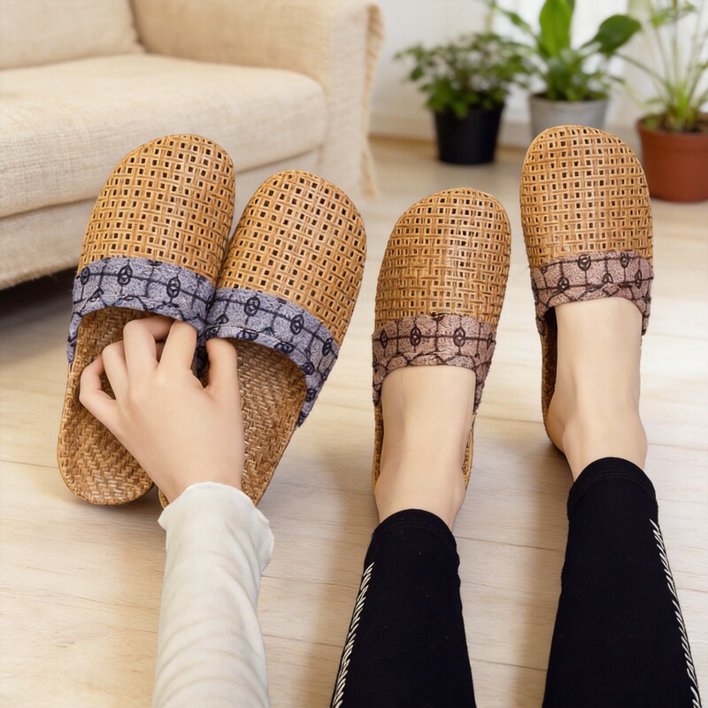 Linen Slippers, Summer Breathable Rattan Mat Woven Flat-Soled Slippers for Men and Women, Spring and Autumn European-Style Indoor Slippers, Small Daisy Pattern Linen Slippers, Summer Breathable Rattan Mat Woven Flat-Soled Slippers for Men and Women, Spring and Autumn European-Style Indoor Slippers, Small Daisy Pattern
