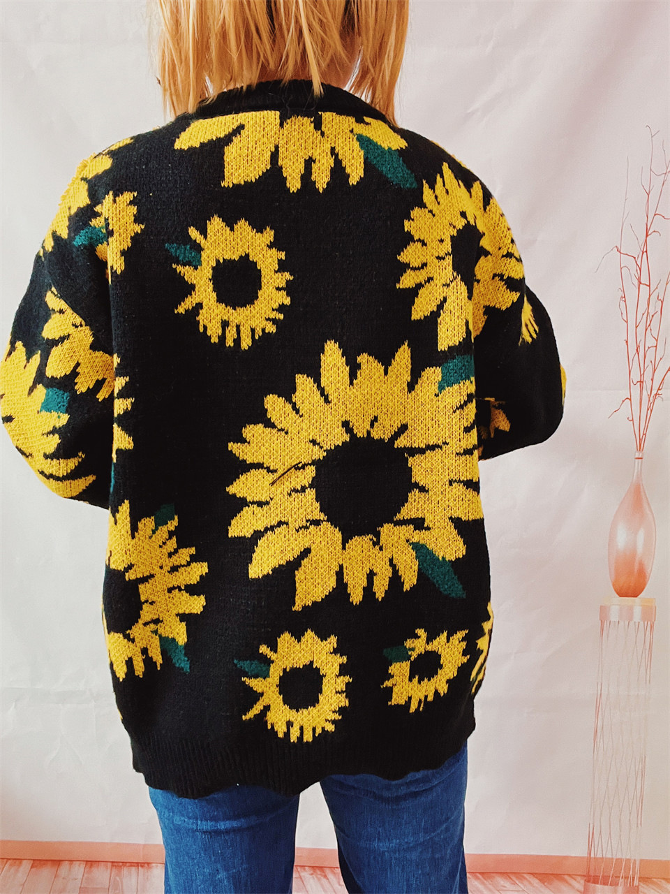 Women's Sunflower Jacquard Knitted Pullover Sweater For Winter_voghion.com