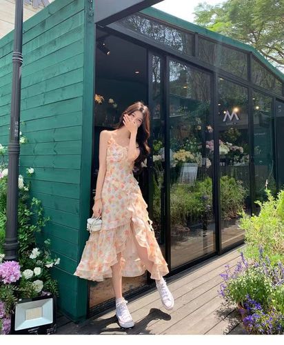 Floral Dress with Fairy-like Elegance, Medium Length, Unique Design, Lace Edge, Asymmetric Floral Print Strappy Dress