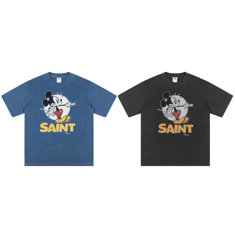 Saint Michael Distressed Washed Vintage Mickey Print Short-Sleeve High Street West Coast Retro T-Shirt for Men Saint Michael Distressed Washed Vintage Mickey Print Short-Sleeve High Street West Coast Retro T-Shirt for Men