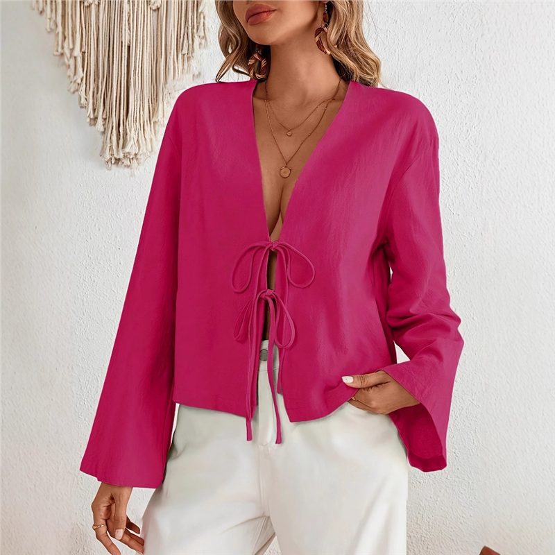 Cross-Border Amazon European and American Style Autumn New Women's Clothing Women's Lace-Up Cardigan Thin Bell-Sleeved Long-Sleeved Solid Color Top