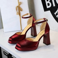 7722-K105 Waterproof Platform Hollow Coarse Heel Strap Sandals High Heels Thick Bottom Silk Square Head High Heels