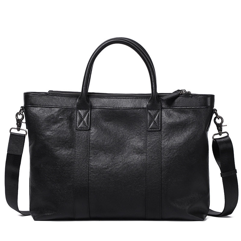 Cặp da nam công sở da bò lớp đầu nhiều ngăn 38×8×28 cm, đeo vai/chéo — Màu đen