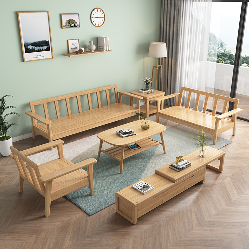 Sofá de madera maciza nórdica simple moderna sala de estar combinación concubina tela invierno y verano de doble uso pequeño apartamento madera muebles de color