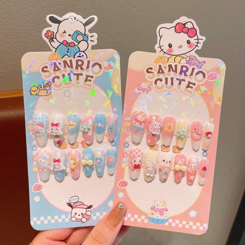 Koolomi niños largos desmontables desgaste de uñas de niñas dibujos animados uñas pequeñas princesas uñas