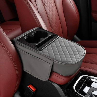 Leather Armrest Box Pad, Armrest box pad - double-pocket-armrest-box-round-head-4-in-1-gray