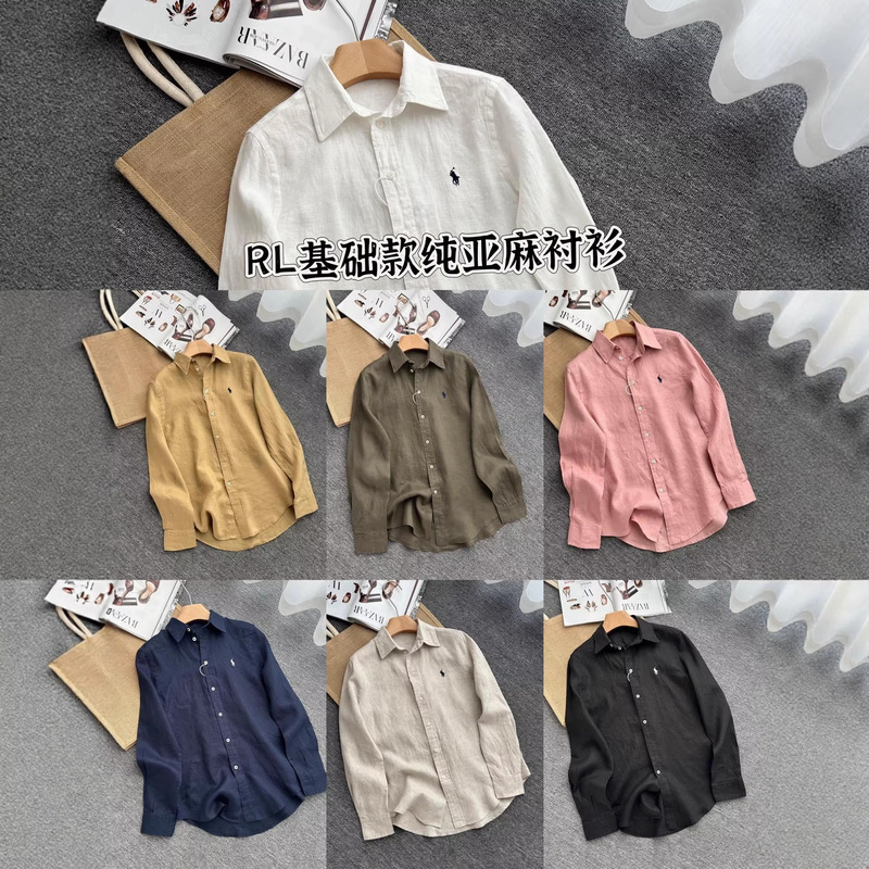 High-Quality Similar Style Pony Embroidery 100% Linen Long-Sleeve Shirt for Women, Basic Old Money Style Versatile Casual Women's Shirt