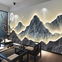 新中式茶室3d立体背景墙采耳馆美容院会所酒店山水画壁纸新款自粘