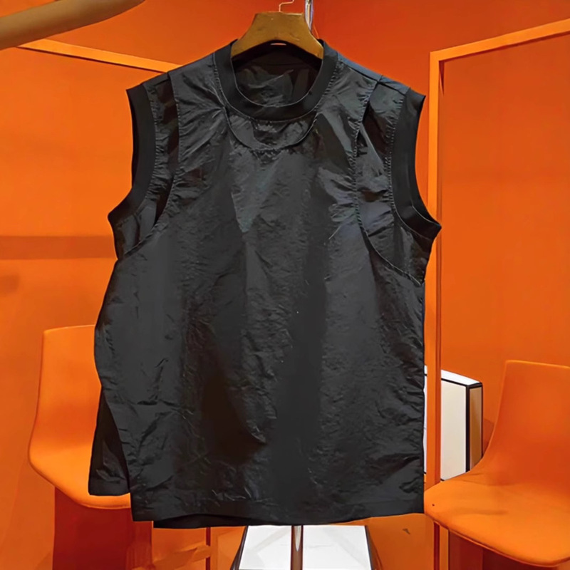 Black Seersucker Fake Two-Piece Vest Men's Summer Asymmetrical Sleeveless T-Shirt Ice Silk Quick-Drying Sports Sweatshirt Trendy