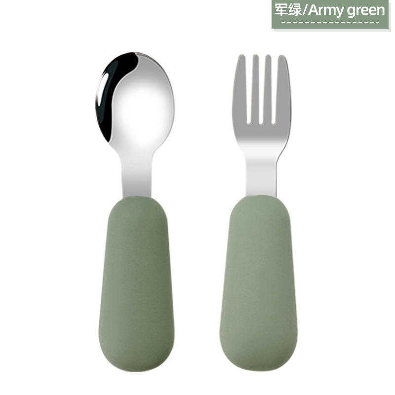 Cuchara de tenedor para niños traje de bebé tenedor cuchara mango corto 316 cuchara de tenedor de silicona de acero inoxidable cuchara de tenedor de suplemento alimenticio para bebés