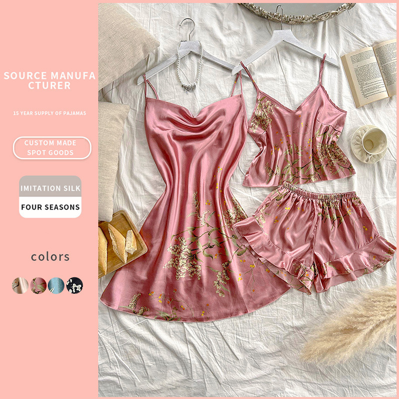 Camisola de cuatro estaciones de las mujeres Camisón con cordones camisón de dos piezas delgada ropa exterior traje de pijama de longitud media