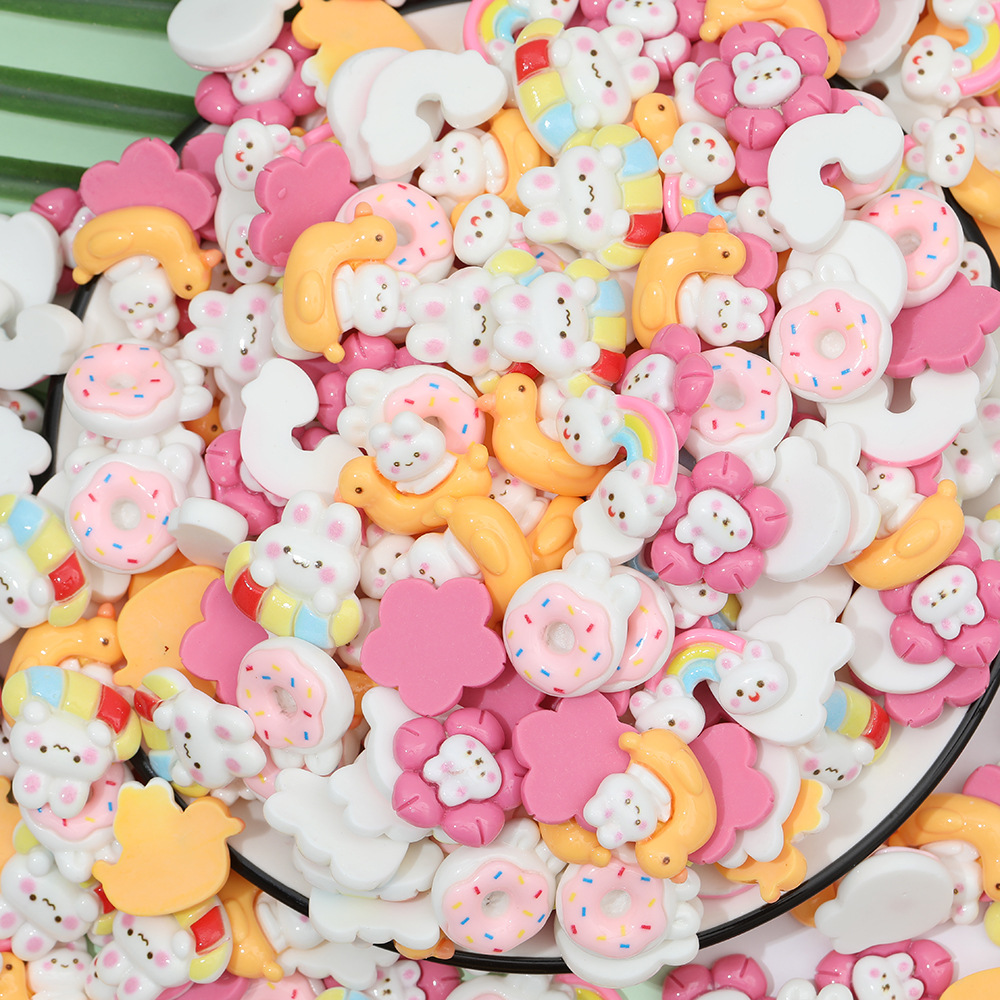 Brillante Arco Iris lindo conejo donut DIY accesorios de resina teléfono móvil Shell horquilla accesorios para el cabello agujero zapato hebilla material al por mayor