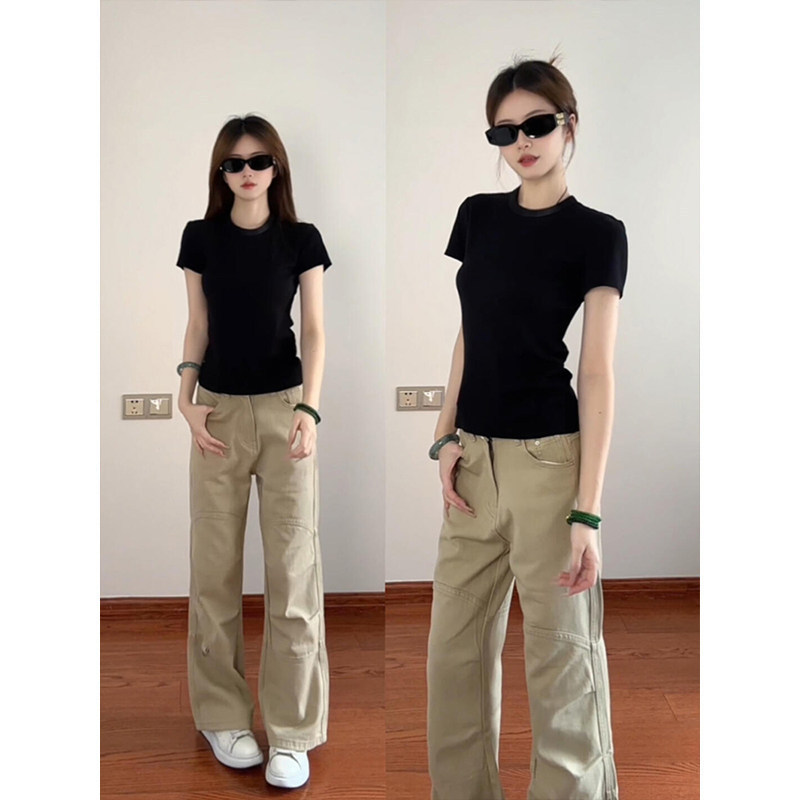 Black Waist-Cinching Short-Sleeve Women's T-Shirt, Summer 2026 New Style, Slim-Fit Design with a Flattering Shoulder Line, American Chic Top Black Waist-Cinching Short-Sleeve Women's T-Shirt, Summer 2026 New Style, Slim-Fit Design with a Flattering Shoulder Line, American Chic Top