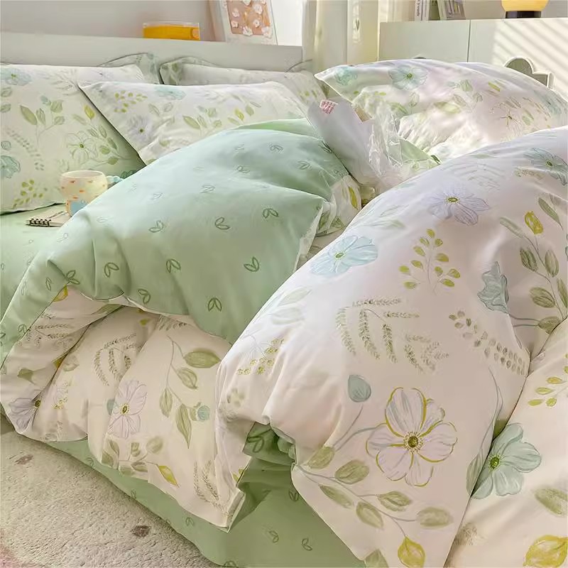 Algodón de cuatro piezas de ropa de cama de algodón 2025, nuevo edredón de flores frescas, sábanas de dormitorio de tres piezas de cuatro estaciones