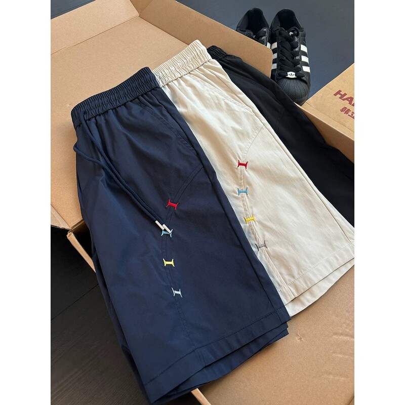 American-Style Diagonal-Cut Quick-Dry Embroidered Shorts for Men, Summer Thin Fitness Sports Pants, Knee-Length Basketball Shorts