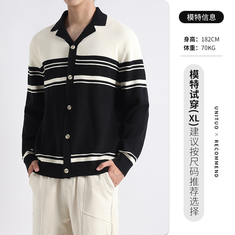 Hombres coreanos cuello cubano color contrastante botón de manga larga suéter de punto para hombre perezoso cardigán rayado chaqueta chaqueta para hombre