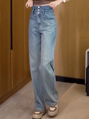 3つボタンデニムパンツ レディース ハイウエスト ストレート ワイドレッグパンツ 2025年 夏秋 カジュアル ロングパンツ トレンド ワイドレッグ 着痩せ効果