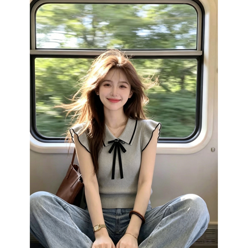 Korean-Style Sweet Style Polo Collar Color-Block Knit Flutter Sleeve Casual Women's Summer Thin Beautiful Bow Youthful Top Korean-Style Sweet Style Polo Collar Color-Block Knit Flutter Sleeve Casual Women's Summer Thin Beautiful Bow Youthful Top