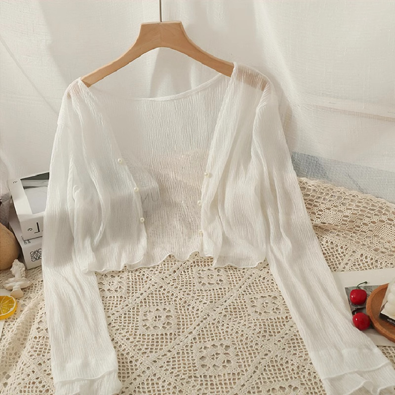 White Chiffon Cardigan Women's Thin Shawl Small Outer Blouse Summer Sunscreen Tulle Jacket with Sling Skirt