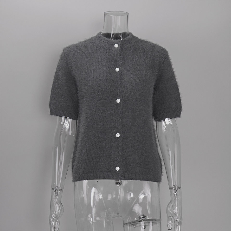 Áo cardigan dệt kim tay ngắn cổ bán cao ôm dáng phong cách retro — Màu hồng, Màu hồng cánh sen, Màu trắng, Màu tím chi tiết 38