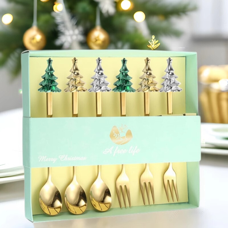 Creative Christmas Tree Tableware Coffee Spoon Stainless Steel Spoon Fruit Fork Dessert Spoon Christmas Spoon Fork Gift Box suit