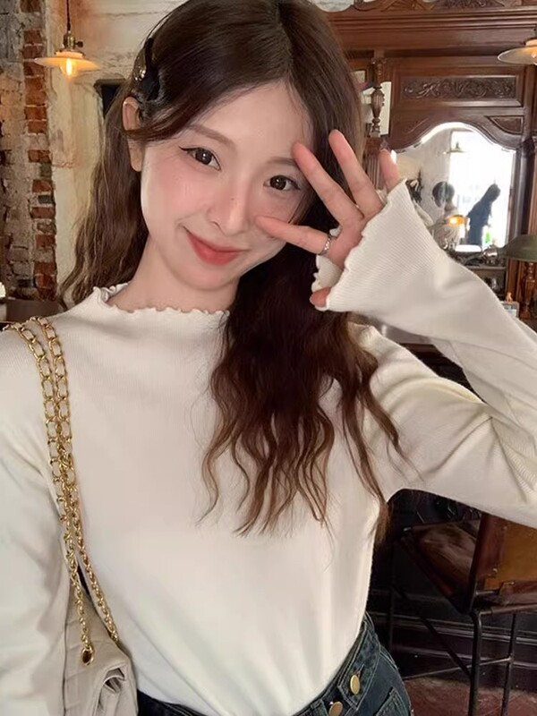 半高领木耳边打底衫女早秋季内搭设计感毛衣针织衫上衣洋气百搭潮|undefined