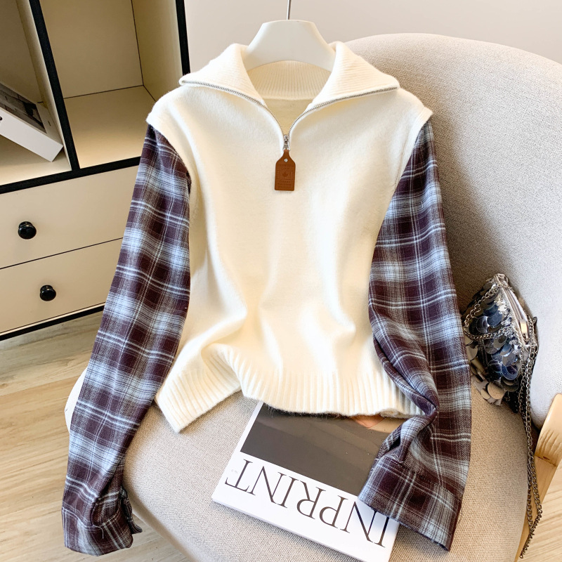 New In-Stock Plaid Shirt Faux Two-Piece Sweater Vest for Women with a Unique Design, Niche Autumn and Winter High-Neck Knit Top