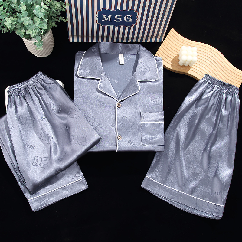 Summer Ice Silk Pajamas for Men, Open-Chest, High-End, Wearable Short-Sleeved Trousers, Three-Piece Shorts, Home Wear Set