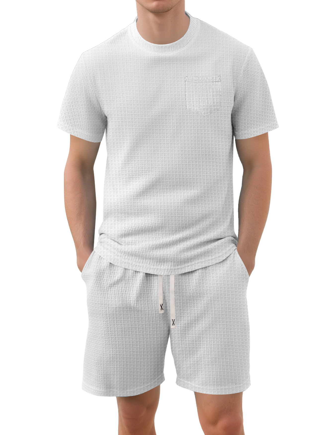 Nuevo transfronterizo Europa y América Amazon verano nuevo producto de hombre delgado waffle casual deportivo de manga corta set de pantalones cortos