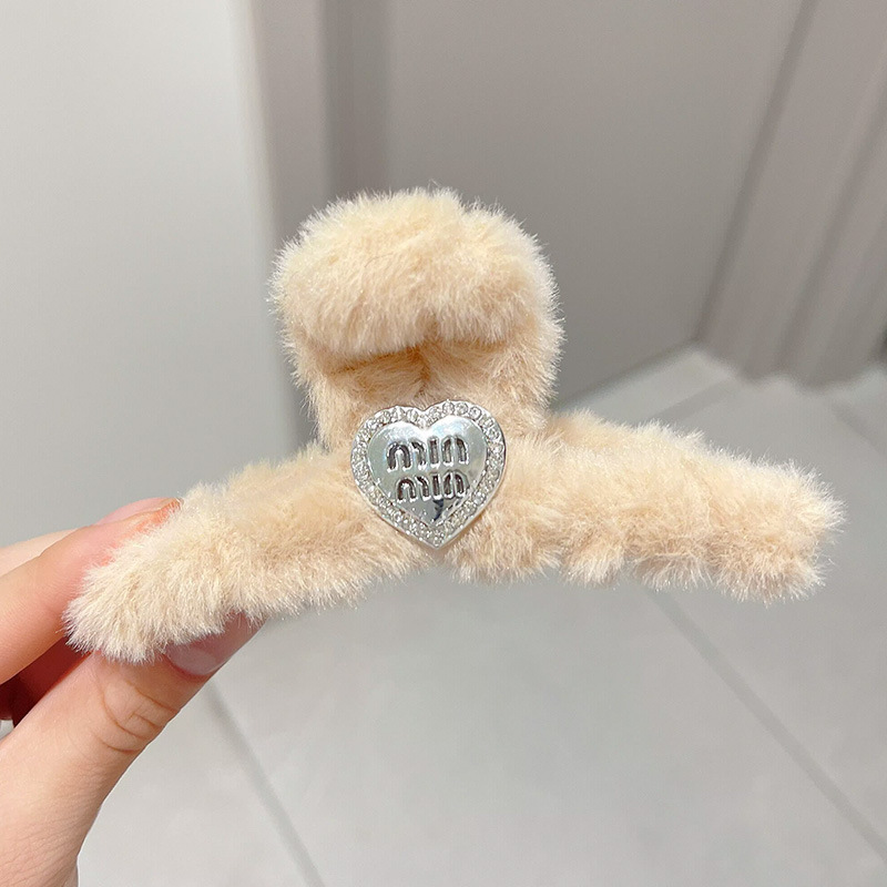 2026秋冬ミンクファー毛皮ヘアクリップ、高級感のある後頭部用大型シャーククリップ、ハート型キラキラ輝くダイヤモンド付き毛皮ヘアクリップ