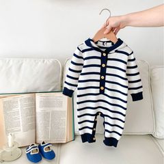 Baby clothes on Instagram: Fall gender-neutral long-sleeved knit striped onesie for infants and toddlers, suitable for outdoor wear and crawling suits