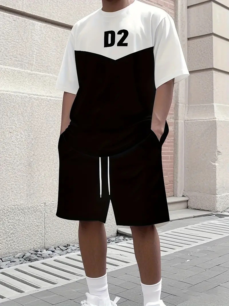 Men's Summer Gradient Letter 3D Digital Print T-Shirt And Shorts Set Trendy Casual Basic Comfortable Two-Piece Outfit_viptrois.com