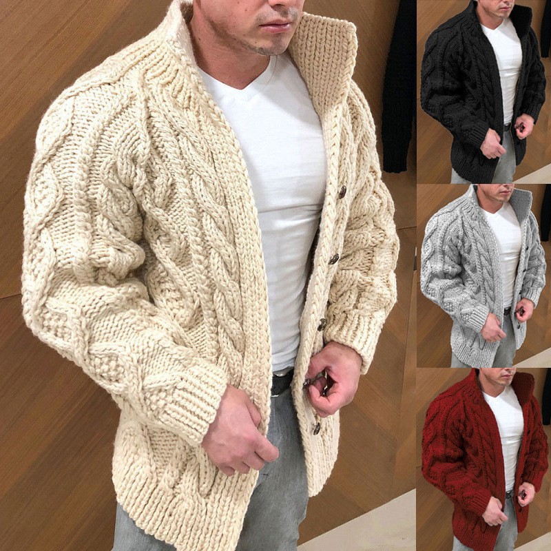 European and American Cross-Border 2025 New Men's Sweater Popular Cardigan Heavy-Duty Long-Sleeved Stand-Up Collar Cable Jacquard Casual Men's Clothing
