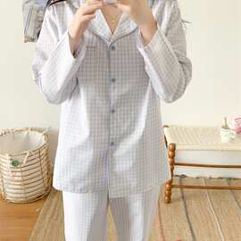 浅蓝细格纯棉睡衣女翻领开衫长袖长裤两件套简约韩系家居服春秋款
