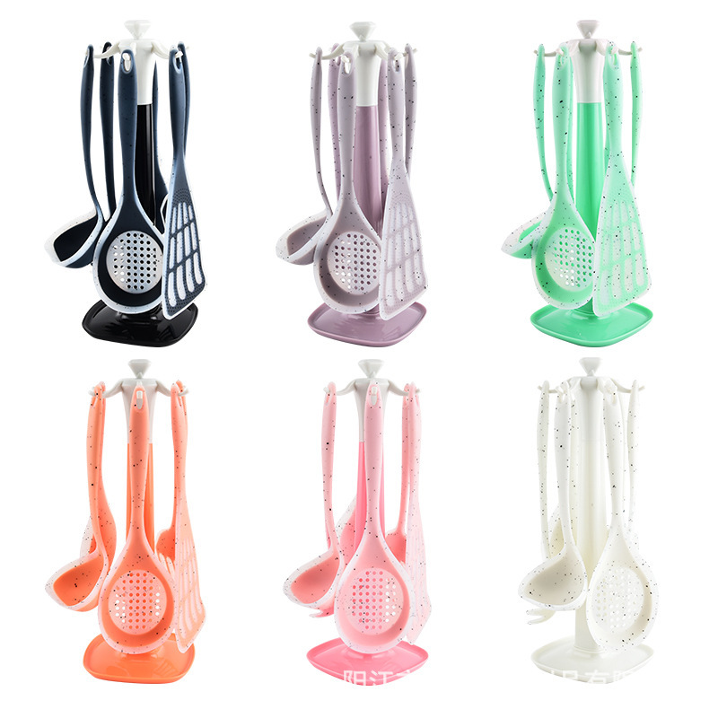 Utensilios de cocina transfronterizos de puntos de color, espátula de silicona semipermeable, soporte de almacenamiento de siete piezas de silicona, colador de pala de silicona en stock