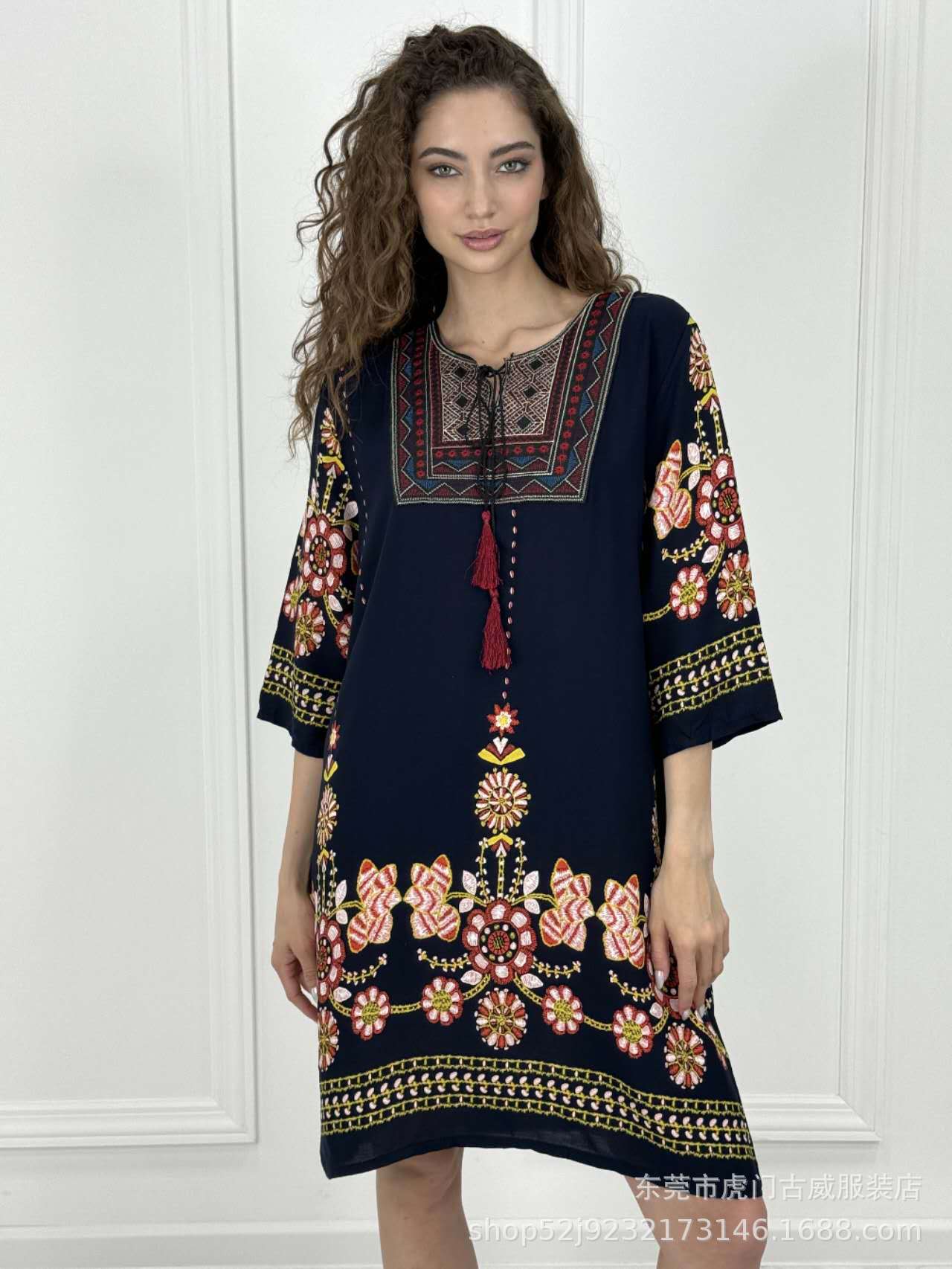 タイ風Aラインコットンワンピース、夏向け、クロスボーダーコットンシルクワンピース、アーティスティックレトロエスニック風婦人服