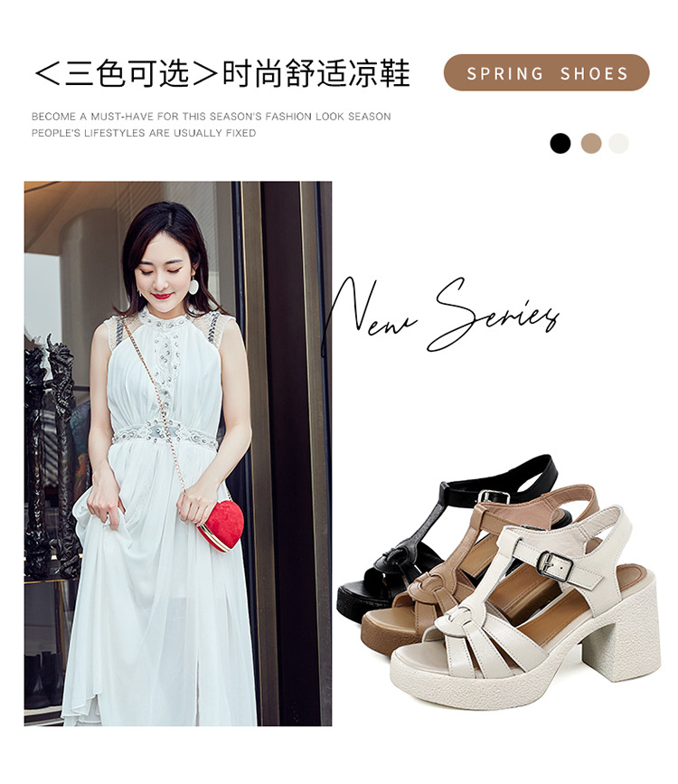 Sandal cao gót nữ quai ngang da thật phong cách La Mã đế dày gót thô — Màu đen chi tiết 5