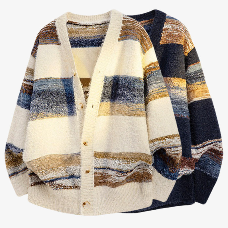 Cross-Border Popular European Plus-Size Gradient Striped V-Neck Knit Sweater Men's Cardigan Jacket Factory Wholesale Cross-Border Popular European Plus-Size Gradient Striped V-Neck Knit Sweater Men's Cardigan Jacket Factory Wholesale