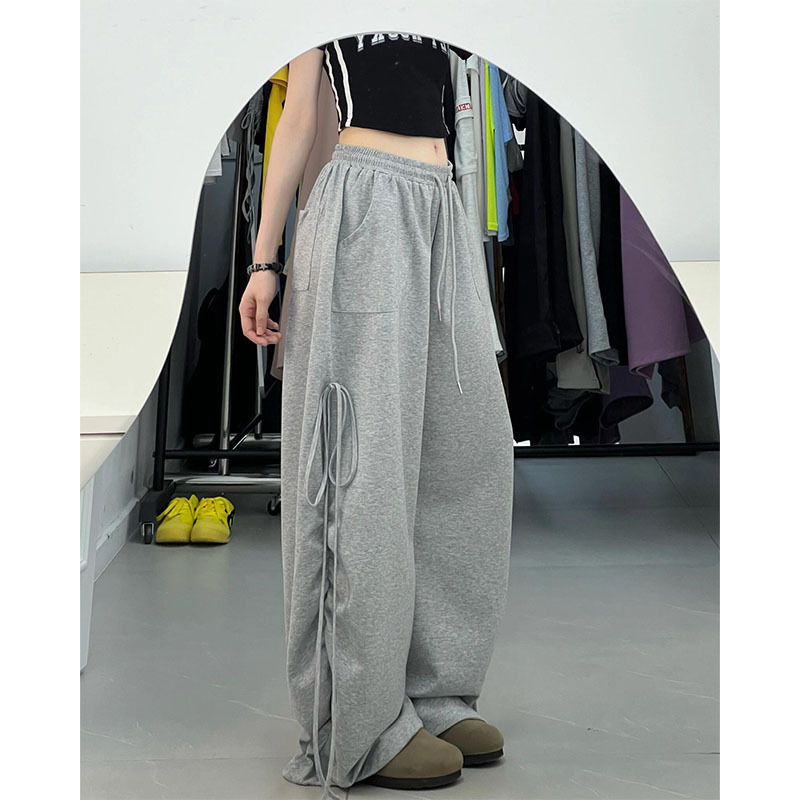 Gray Ribbon Dance Sweatpants for Women, Loose Cargo Sweatpants, Drapey Jazz Street Dance Hip-Hop Wide-Leg Long Pants