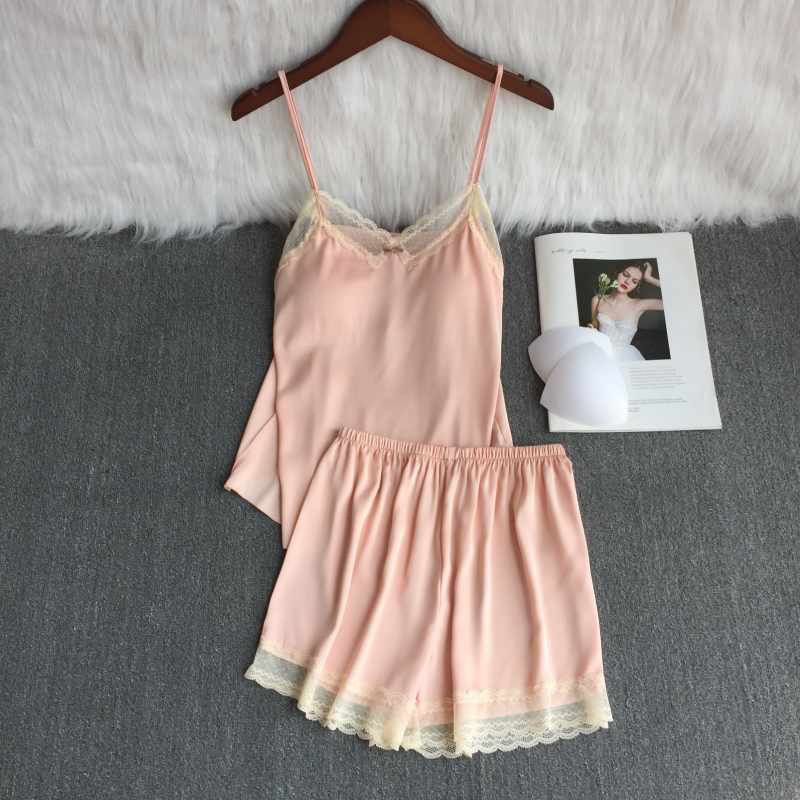 Sexy Pajamas Women's Ice Silk 2025 Summer New Ice Silk Sweet with Breast Pad Suspender Shorts Home Clothes Summer